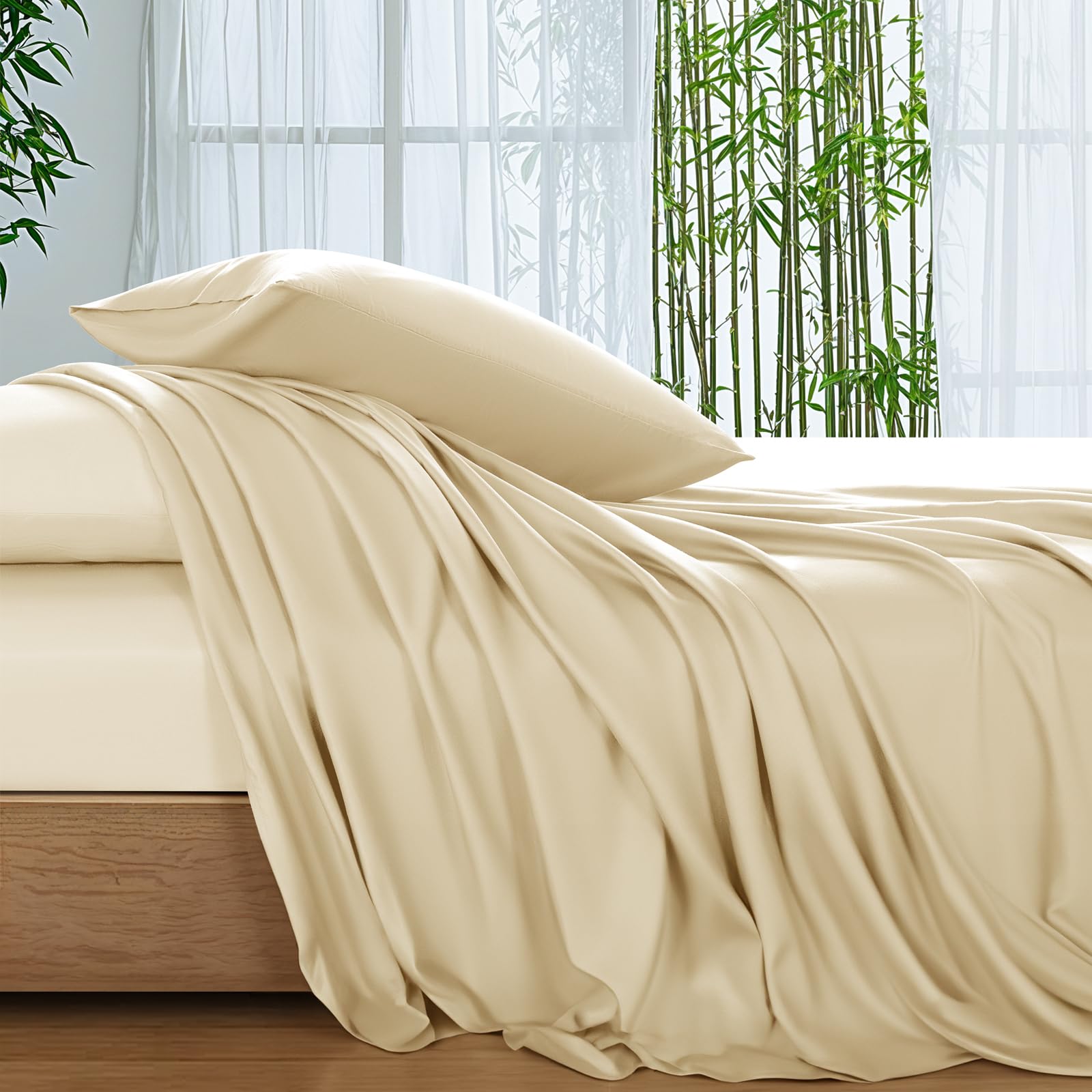 Photo 1 of SONORO KATE 100% Viscose Derived from Bamboo_Sheets King Size, Ultra Breathable & Cooling Bed Sheets for Hot Sleepers, Hotel Luxury Silky Bedding Sheets, 16" Deep Pocket - 4PC (Beige,King)