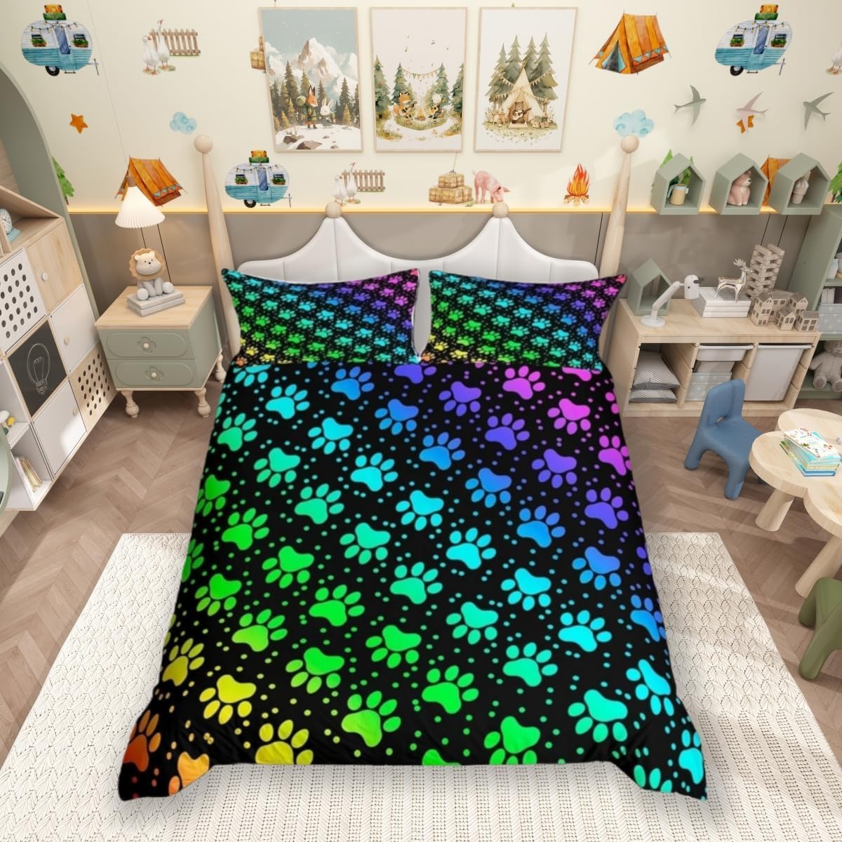 feelingyou Dog Paw Print Duvet Cover Set Double Size,Rainbow Gradient Puppy Paw for Dog Lover Comforter Cover with 2 Pillowcases,Funny Pets Animal Breathable Bedspread for Boys Teens Present, Soft — image 1