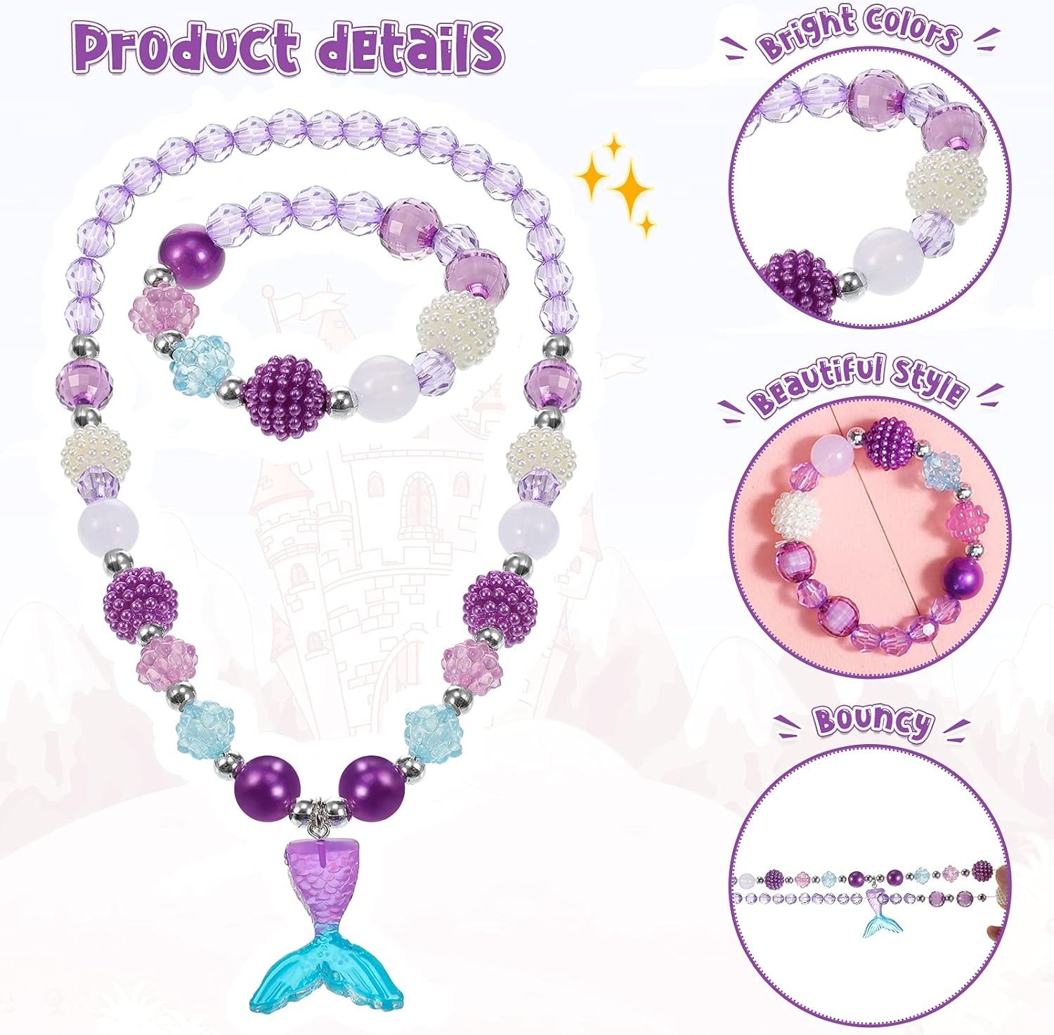 Girl Princess Necklace Bracelet Jewelry Set Includes 6 Sets Girls Beaded Necklace Bracelet with 8 Rings for Dress Up Party Cosplay Accessories (Heart, Flower Style): Toys & Games