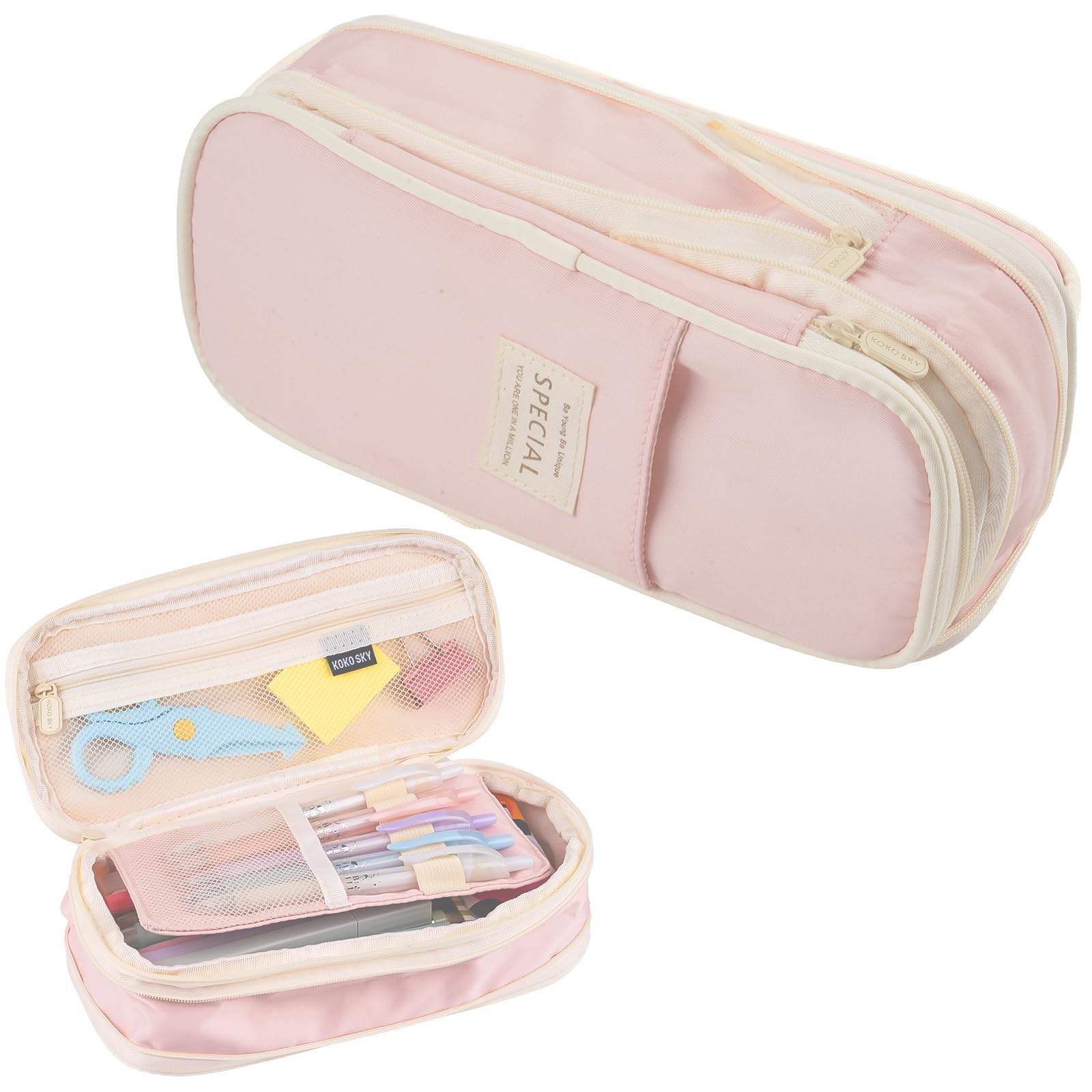 Tikplus Pencil Case Large Capacity, Big Pencil Case with 4 Compartments, Lightweight Zip Pencil Pouch Pen Bag for Girls Teenage Stationery Organizer, Makeup Bag for Women, Men (Pink 2)