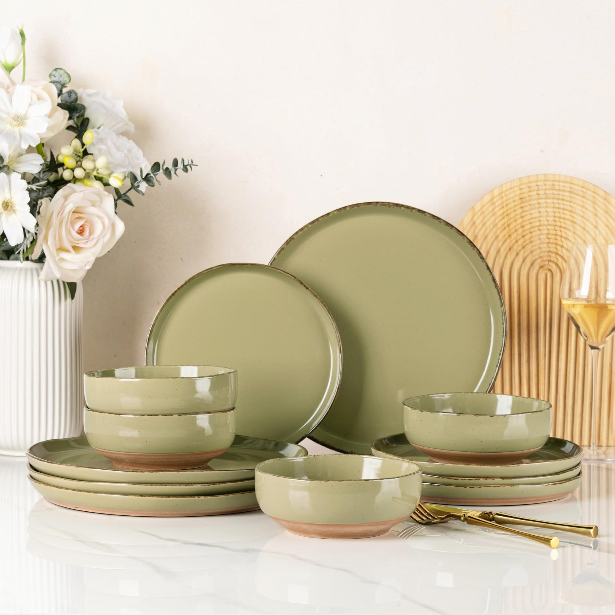 Photo 1 of AmorArc Ceramic Dinnerware Sets for 4, 12 Pieces Handpainted Plates and Bowls Set with Rustic Terracotta Underside, Scratch Resistant Stoneware Dishes Set, Dishwasher & Microwave Safe, Olive Green