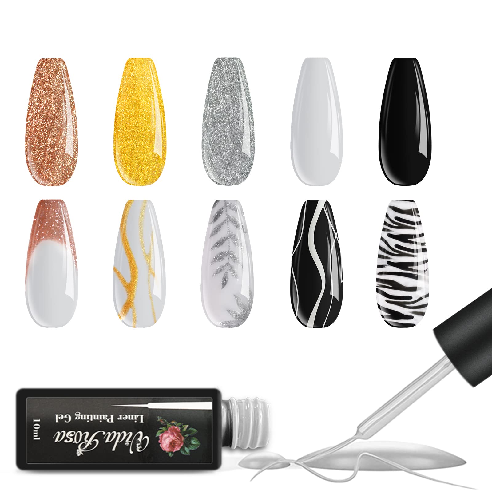 Professional Gel Nail Liner Polish Pens UV LED Painting Gel Polish Set of 5 for Nail Art Nail Design Nail Drawing for Manicure Salon for Striping Strokes Details, Black, White, Gold