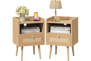MECHYIN Night Stand Set of 2, Bedside Tables with Charging Station, Rattan End Tables, Bed Side Tables, Wood Nightstands Set of 2 for Small Space Farmhouse Kids' Room Bedroom Living Room Dorm Natural