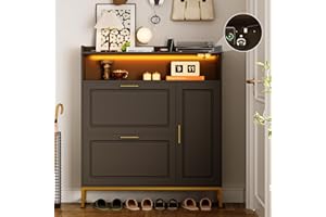 MAUPVIT Shoe Storage Cabinet with 2 Flip Drawers & Side Cabinet Entryway Narrow Shoe Rack with Metal Legs Freestanding Shoe Rack Organizer with LED Light and Charging Station for Entryway,Foyer,Hallway,Black