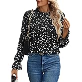 Spriolim Women's Swiss Dot Shirt Ruffle Long Sleeve Pleated Crewneck Blouse Casual Loose Tops
