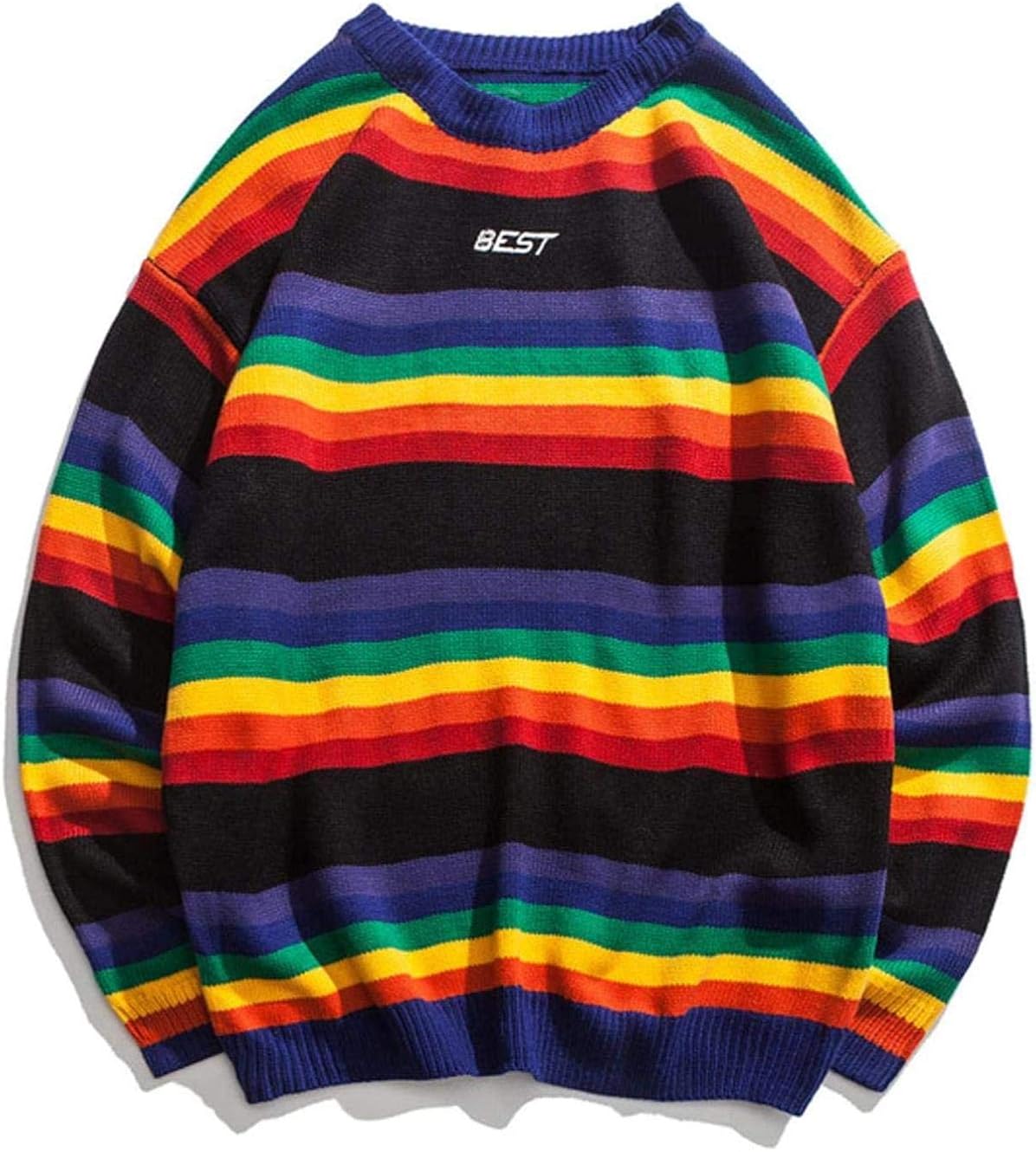 Rainbow Striped Knitted Pullover Sweaters Men Hip Hop Patchwork Streetwear Fashion ONeck