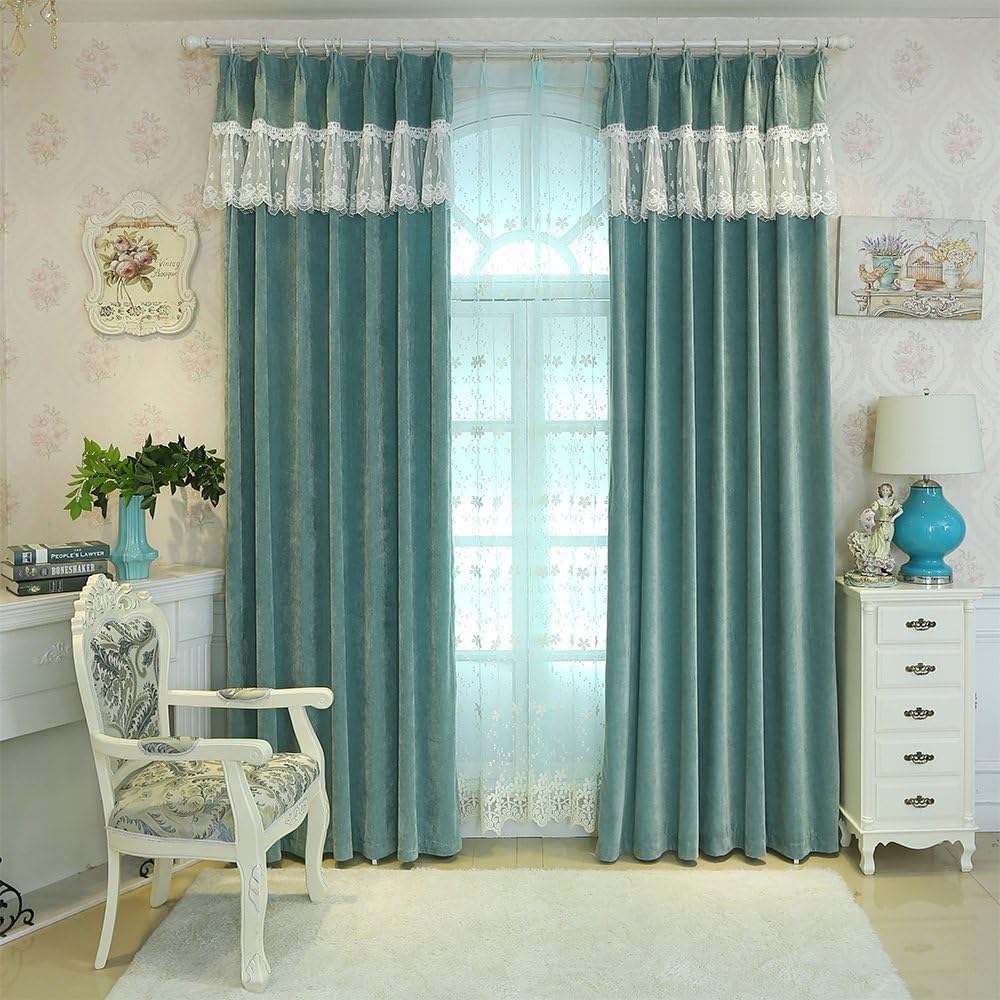 Clichtg European Living Room Bedroom Curtain Pastoralen Thickened Snow Neil Jacquard Shade + Gauze Curtain 245 x 140 cm