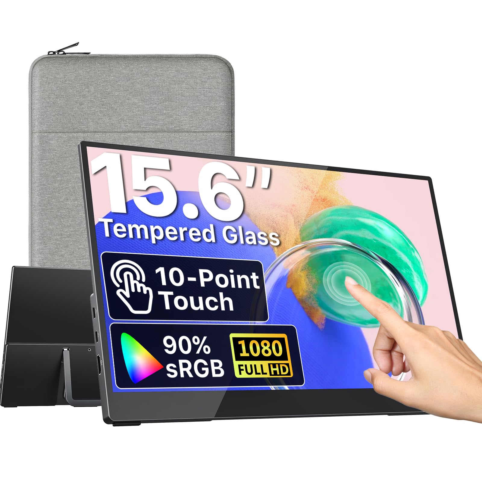 VisionOwl Portable Monitor Touchscreen 15.6 Inch 1080P 90% sRGB 10-Point Touch Screen with Tempered Glass USB-C HDMI Travel Monitor for Laptop MacBook PC PS5, with VESA Holes, Adjustable Kickstand Image