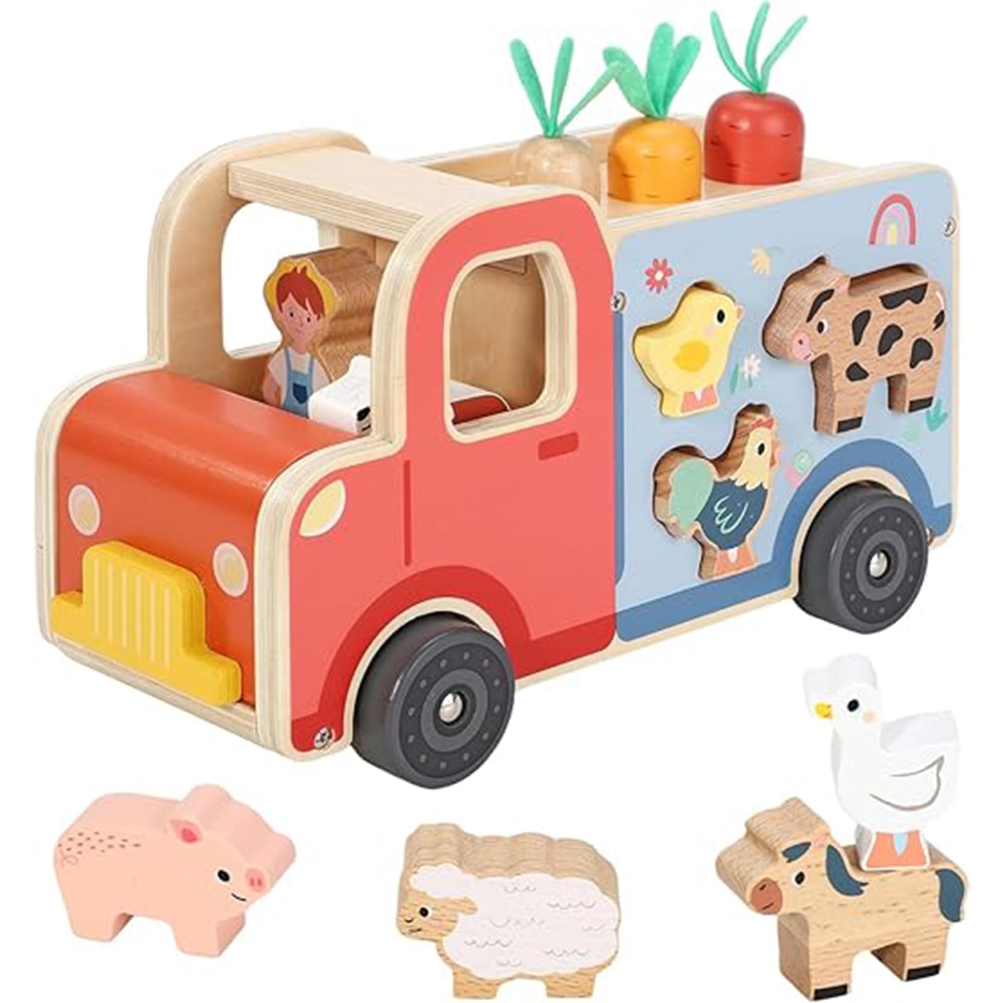 SOKA Kids Wooden Farm Truck with Animals & Farmer – Montessori Educational Toy for Toddlers, Wooden Tractor Role Play Playset for Boys & Girls Ages 18 months +