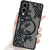 Fiyart Designed for Samsung Galaxy S25 Edge Case Matte Flowers Design Compatible with MagSafe Wireless Charging,Cute Floral Anti-Scratch Translucent Phone Cover for Women Girls 6.7"-Black
