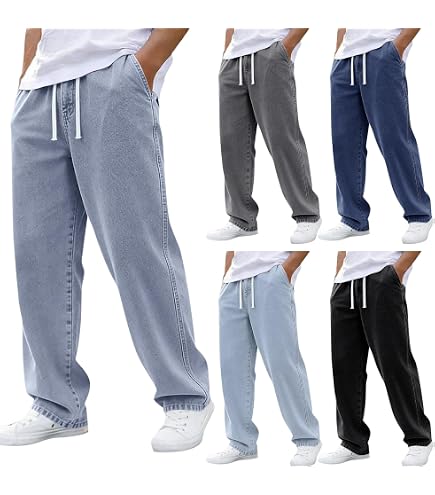 Loose Fit Jeans for Men Baggy Drawstring Carpenter Straight Leg