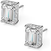 18K White Gold Plated Sterling Silver Emerald Cut Cubic Zirconia Stud Earrings for Women Men Rectangle CZ Diamond Stud Earrings