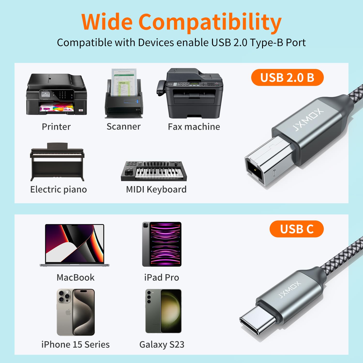 JXMOX USB B to USB C Printer Cable, (6.6ft 2-Pack) Nylon Braided USB B to C Cord, USB C MIDI Cable Compatible with MacBook Pro, HP, Epson, Canon, Brother, Yamaha Piano Keyboard, DAC, DJ Controller