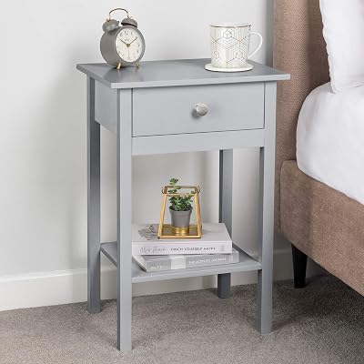 CHRISTOW Grey Bedside Table With Shelf Drawer 60cm x 40cm x 30cm