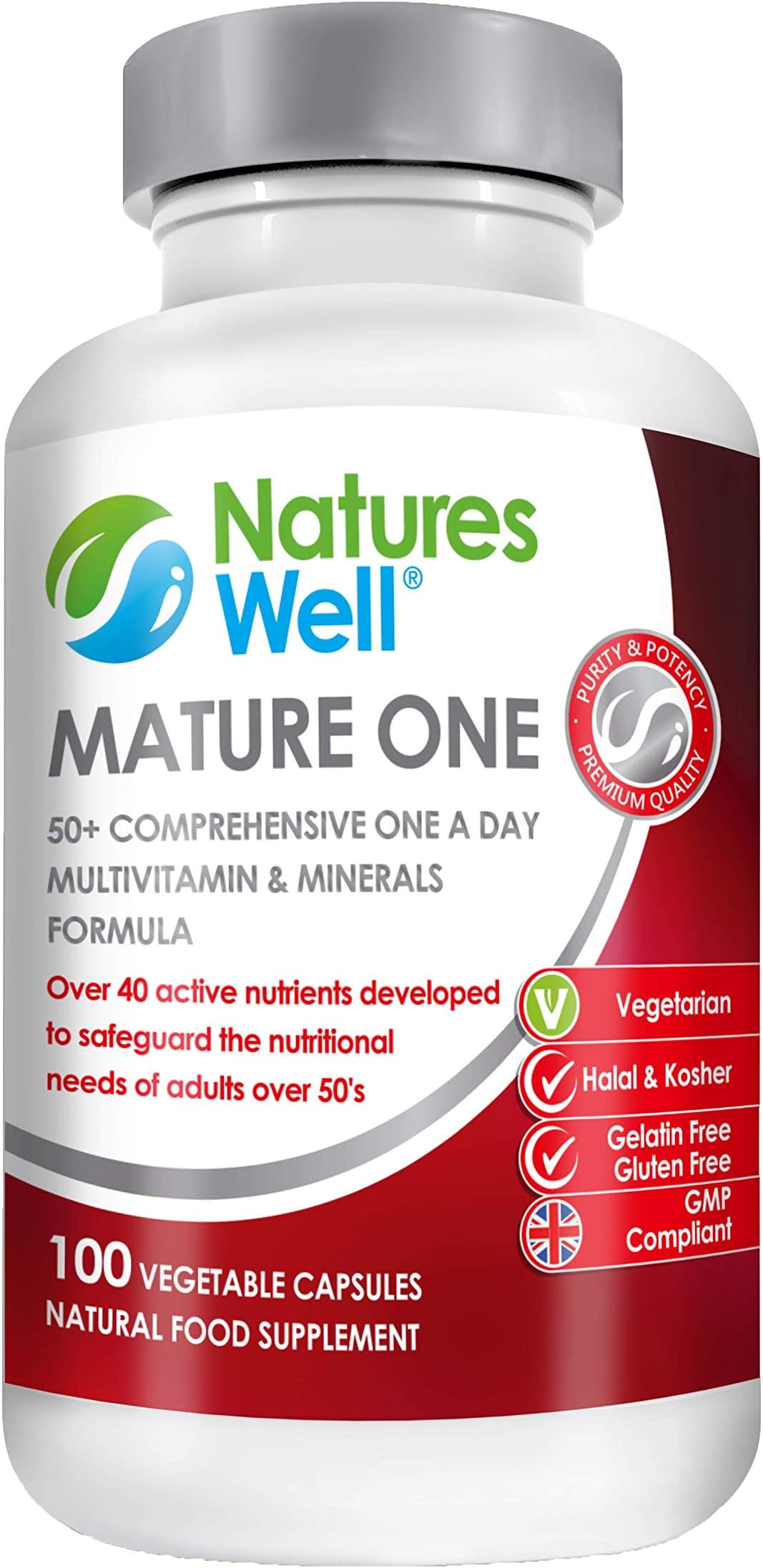 Mature Optimised Multivitamin, 50’s, 60’s and beyond 100% Halal Certified, 40 different Vitamins and Minerals, Vitamins A, C, D, E and B12, Royal Jelly, Ginseng, Rutin and Garlic for Mature health 100 capsules Optimised Vegetarian Supplement Balanced Nutrients the Complete Multivitamins by Natures Well
