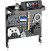 ARES WING Desk Clamp On Pegboard with 16 inches Organizer Shelf, Black | Adjustable Above or Under Desk Storage Shelf Holds 44 lbs, Magnetic Metal Peg Board for Office &amp; Gaming Accessories