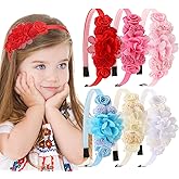 WJYX BOWS 6 Pcs Flower Headbands for Girls - Colorful Floral Hair Hoops with Rose & Chiffon Flowers, Soft Fabric Hair Accessories for Girls Kids Photoshoot Props