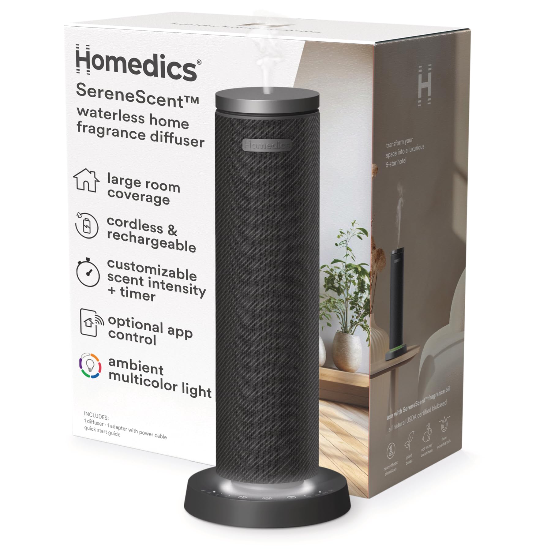 Photo 1 of Homedics SereneScent Fabric Rechargeable Waterless Diffuser, Use with Homedics SereneScent Oil 120ml (Sold Separately) Cordless Aromatherapy, Adjustable Mist & Timer, 6 Calming Lights, Black
