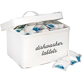 AuldHome Design Dishwasher Pod Holder, Tablet Container; White Enamelware Rustic Kitchen Storage Tin w/ Lid