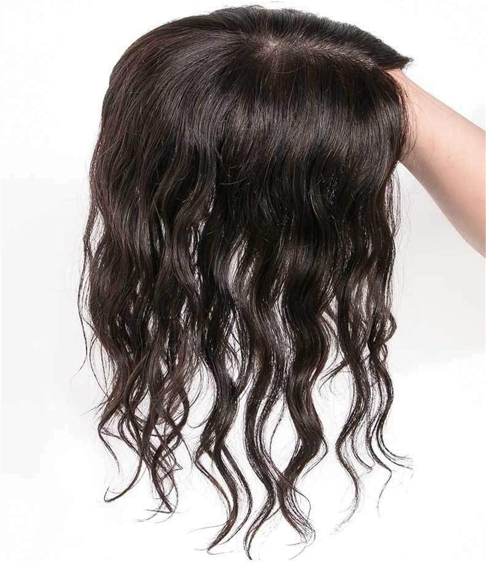 Invisible Human Hair Crown Topper Hairpieces for Women with Thinning Hair, Clip on 3.5" x 5.5" Silk Base Curly Hair Toppers, 12" Natural Black