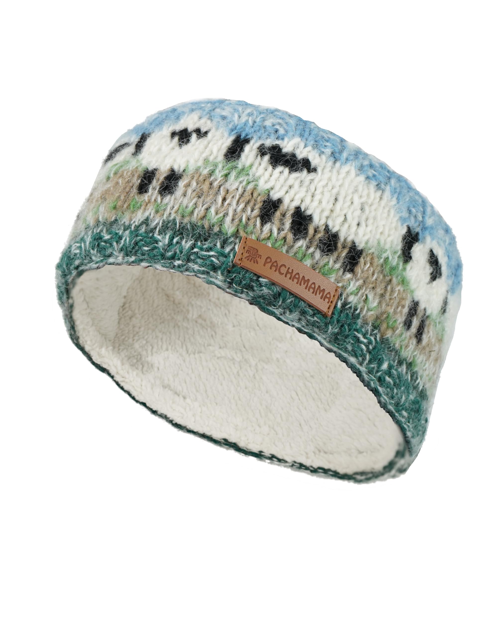 Pachamama Women Wool/Mohair Ear Warmer Headband Sherpa Fleece Lined Handknitted Sheep Design Multicoloured One-Size Handmade Fair Trade