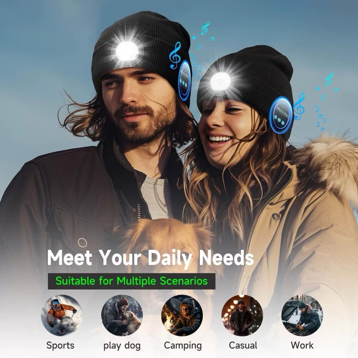 Zyntrazy Bluetooth Beanie with Light, Unisex Gift for Men, Women,Wireless Headphones for Fishing Jogging Working Black