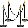 VIVOHOME Heavy Duty Iron Stanchion Post Queue 4PCS Pole w/ 2 Black Velvet Ropes, Crowd Control Barriers w/Fillable Base for High-end Venues, Museums, Party Supplies (4 Pieces, Black and Golden)