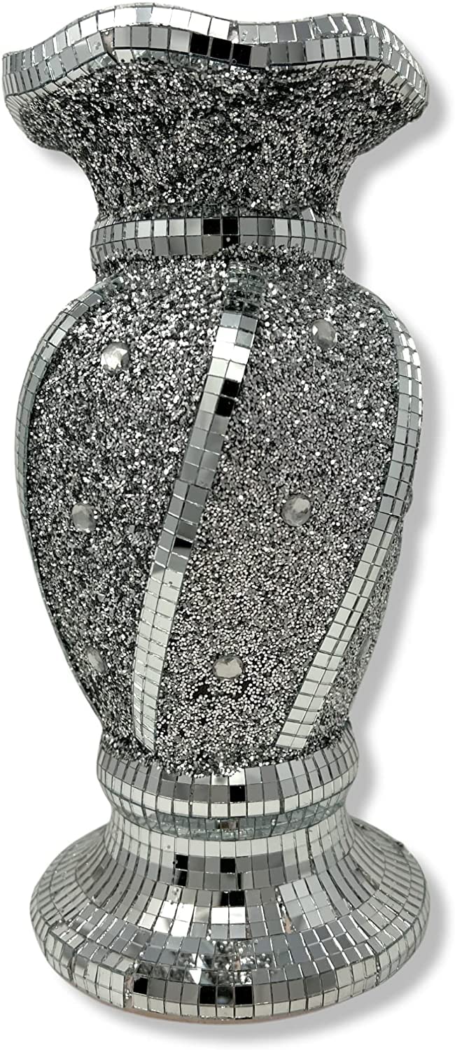 Silver Sparkle Ornament - Crushed Mirrored Flower Pot Vase with 30 CM Diamond Display and Floral Design