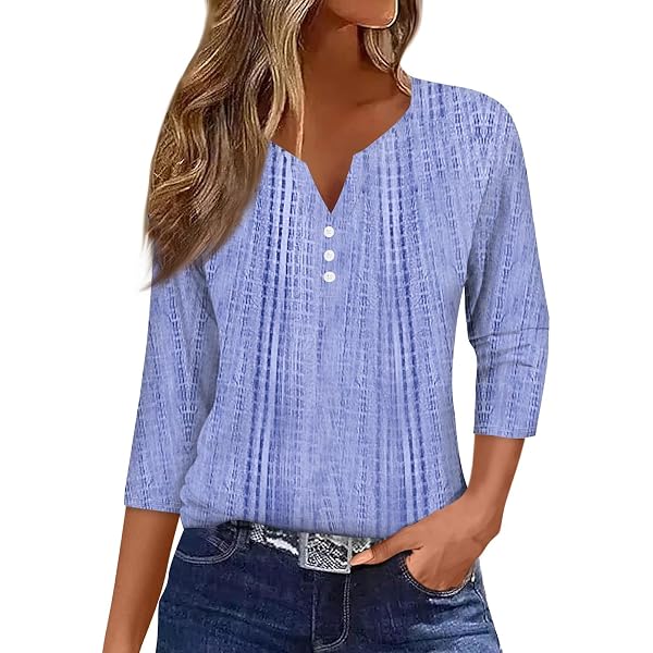 Hojudo Women's Soft V-Neck 3/4 Sleeve Tunic Top - Striped Henley Blouse, Loose Fit - View #7