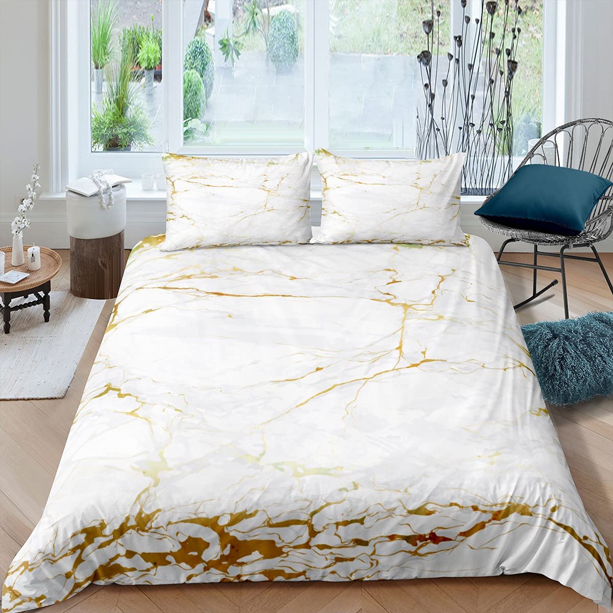 feelingyou White Marble Duvet Cover Set Double Abstract Stone Texture Bedding Set 3pcs for Kids Boys Teens Room Decor, White and Gold Marbling Comforter Cover Luxury Quilt Cover with 2 Pillowcases