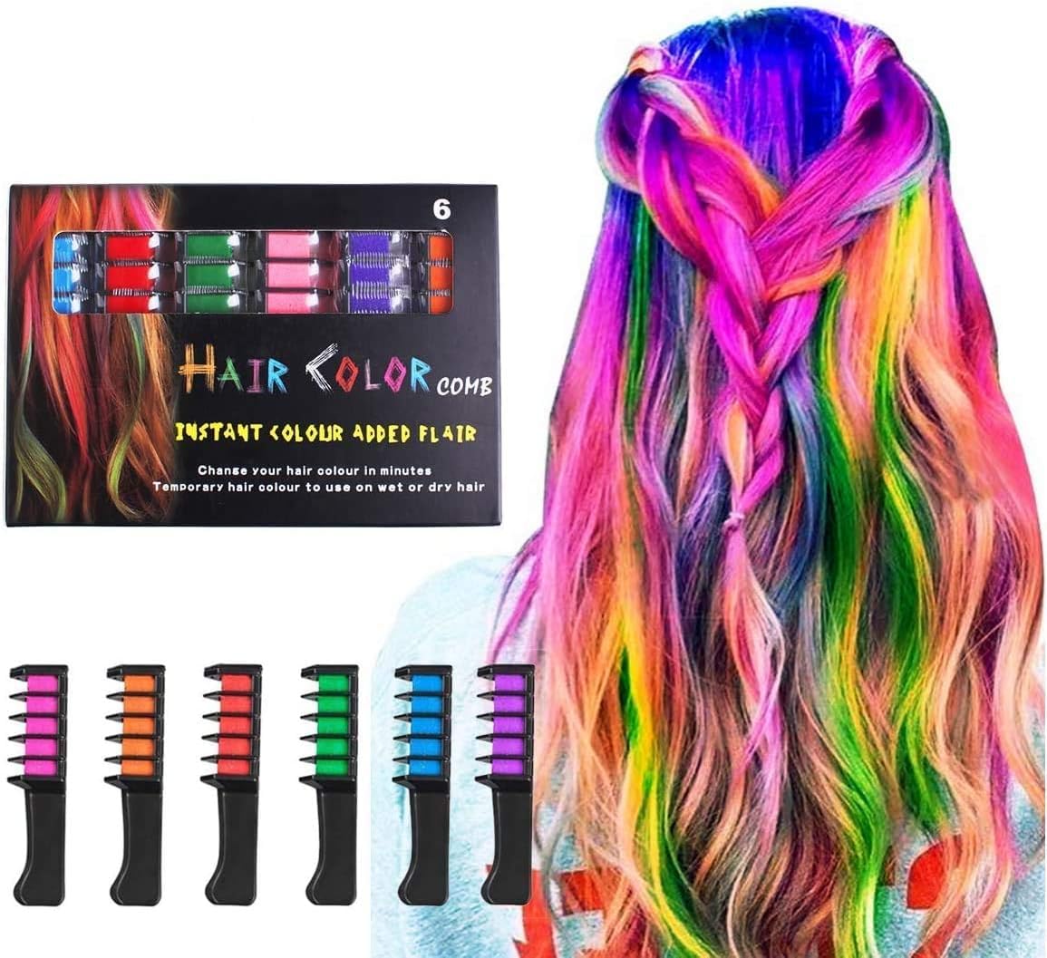 Hair Chalk Comb, 6 Colors Temporary Hair Dye Marker Gifts for Adults 8 9 10 11 12 years old Girls Kids for Halloween Christmas Birthday Party, Cosplay