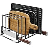 Cutting Board Organizer Rack with 7 Compartments, Heavy-Duty Iron Pan and Baking Sheet Organizer, Kitchen Cabinet Storage Rack with Non-Slip Base, Space-Saving Pot Lid Holder for Countertop & Pantry