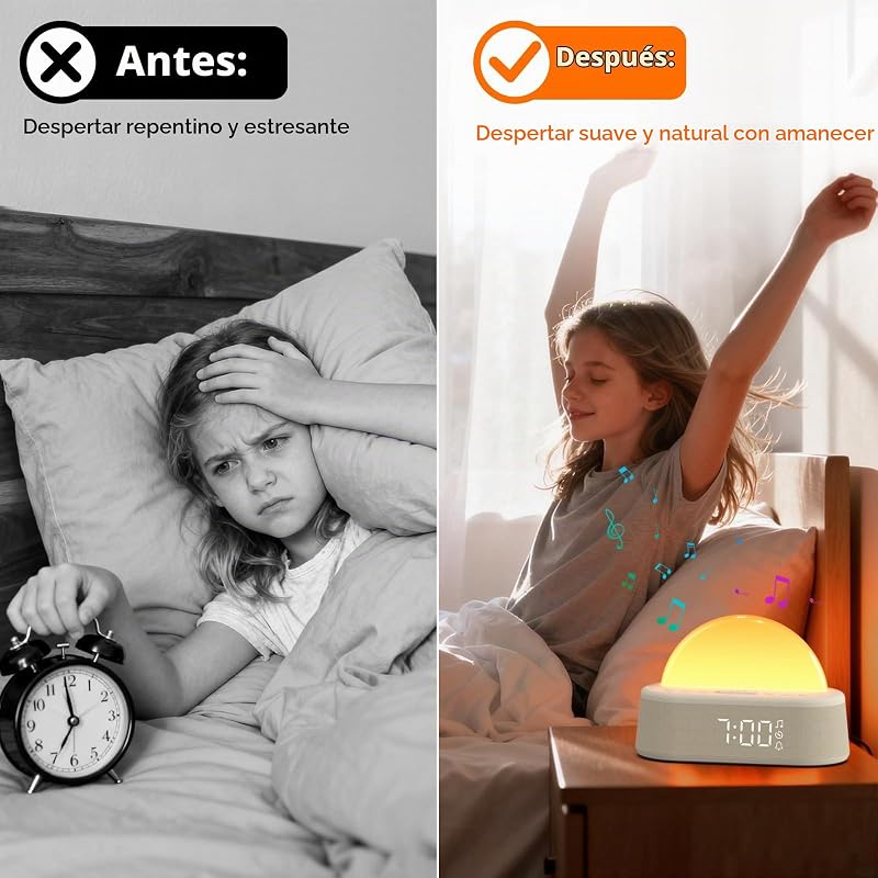 Despertador Amanecer, Despertador Luz Natural Simulación de Amanecer, Despertador Solar, Wake Up Light con Función Alarma y Snooze, 30 Ruido Blanco, 20 Niveles Brillo, 8 Modos de Luz, Temporizador