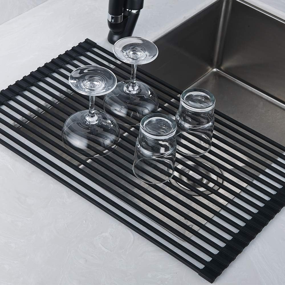 Roll Up Rack, Collapsible Dish Drying Rack-In The Sink Drying Mat-Multipurpose Dish Drainer-Rv Dish Drying Rack-Fruits and Vegetable Rinser-Durable Silicone Covered Stainle