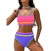 popvil Women's High Waisted Bikini Sets Neon Two Piece 2026 Swimsuit Sporty Adjustable Straps Bathing Suit