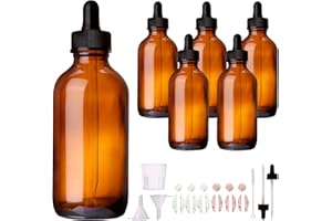 Comrzor 6 Pack 4oz Amber Glass Bottles with Glass Eye Droppers for Essential Oils, Perfumes (Brush, Funnels, 2 Extra Droppers