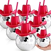 Noamus 6 Packs Disco Ball Cup Pink Straw, 22oz Flash Ball Party Cups with Cowboy Hat Lid, 70s Silver Glitter Cocktail Spherical Glass, Wine Drinking Syrup Tea Bottle for Bar Nightclub Supply Halloween