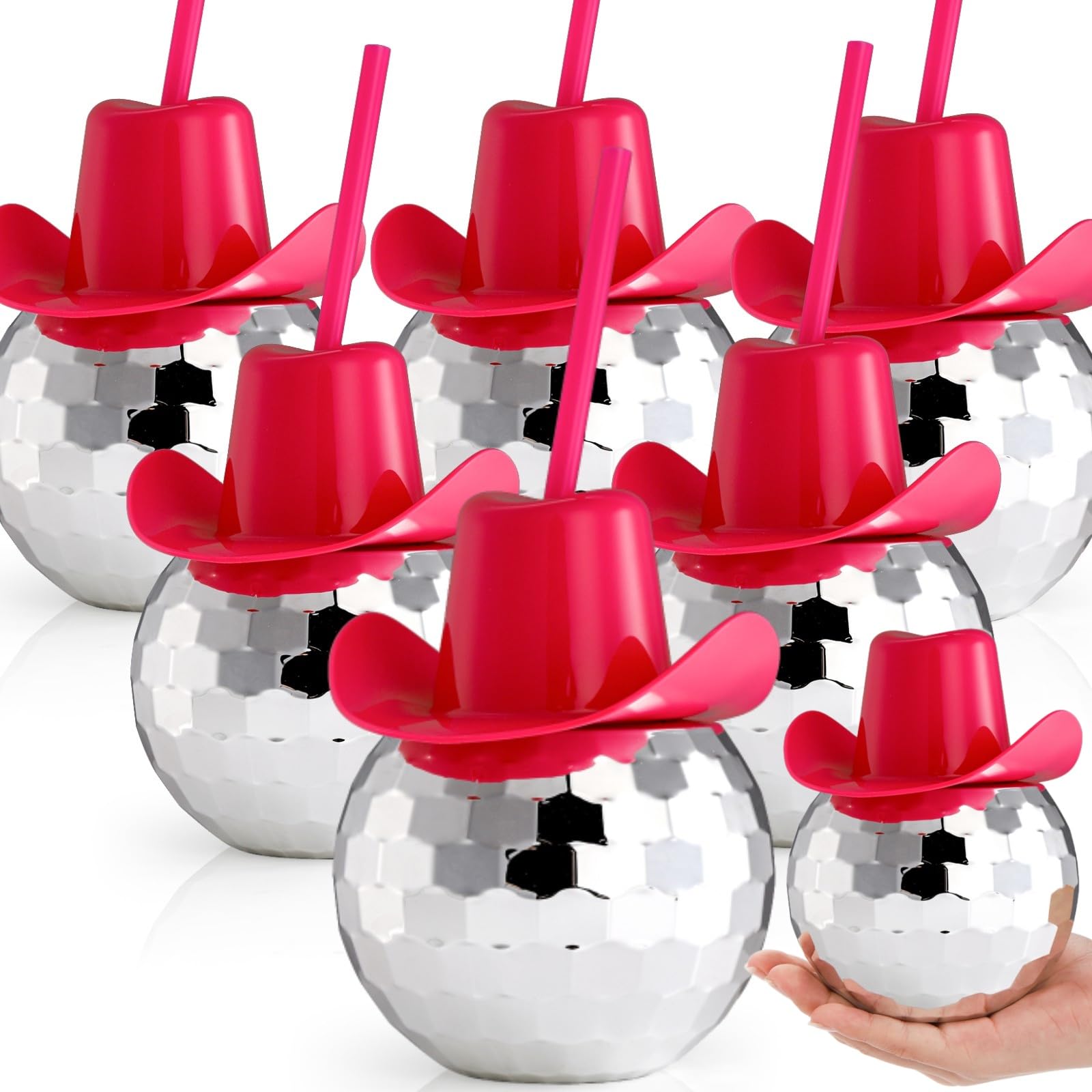 Photo 1 of Noamus 6 Packs Disco Ball Cup Pink Straw, 22oz Flash Ball Party Cups with Cowboy Hat Lid, 70s Silver Glitter Cocktail Spherical Glass, Wine Drinking Syrup Tea Bottle for Bar Nightclub Supply Halloween