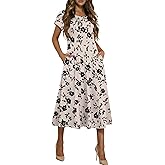 HOTOUCH Summer Dresses for Women 2026 Casual Midi Dress Petal Short Sleeve A Line Dress Pleated Flare Sundress