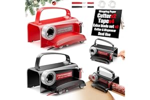 Upgrade 2 Pack Wrapping Paper Cutter with Tape Dispenser, Gift Wrap Cutter Tool with Wheels, 2 Replace Blades & 4 Tapes Kit f