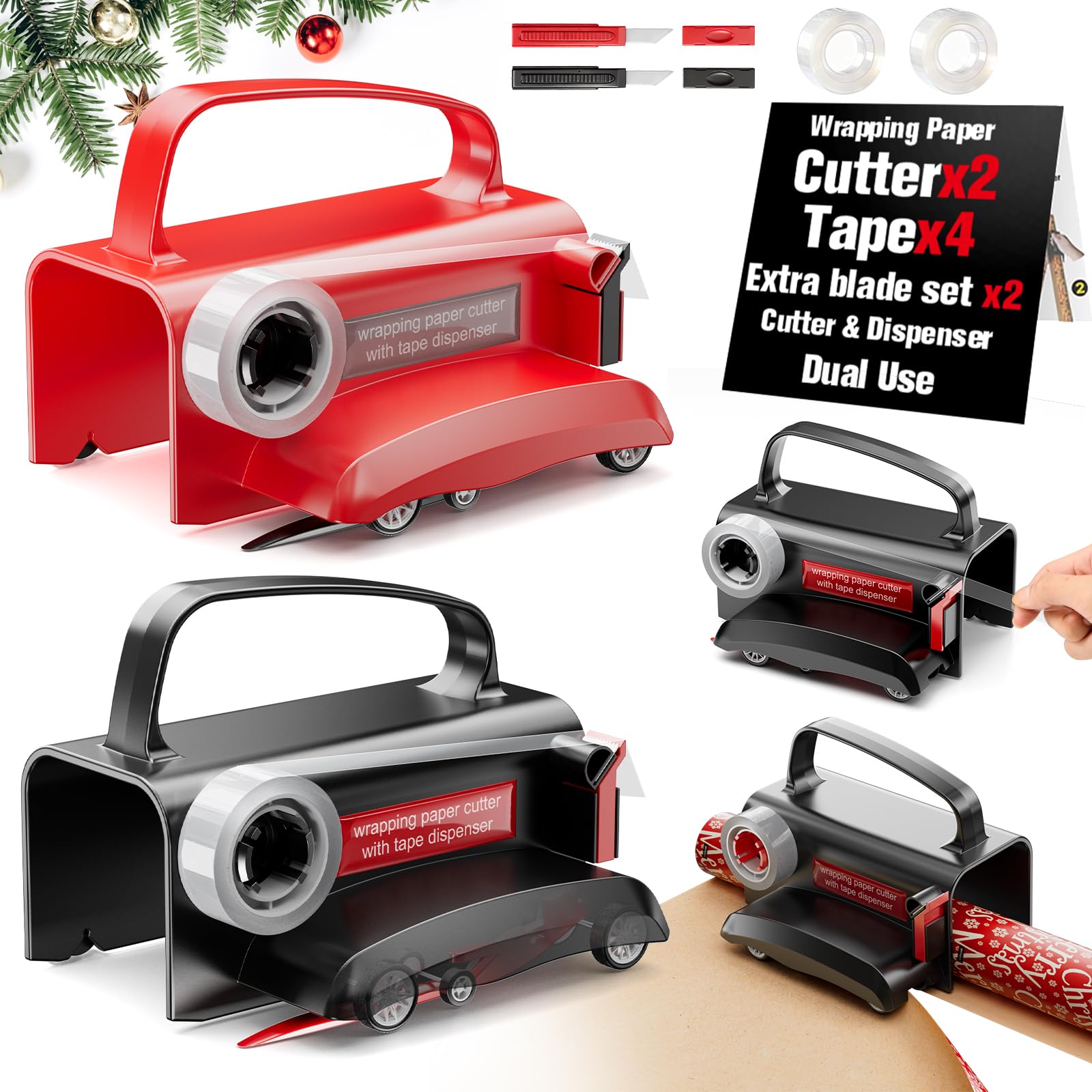 Photo 1 of 2-Pack Wrapping Paper Cutter with Wheels & Tape Dispenser - Gift Wrap Tool Kit with Replaceable Blades for Christmas, Birthday - Safe, Efficient, and Precise Cutting