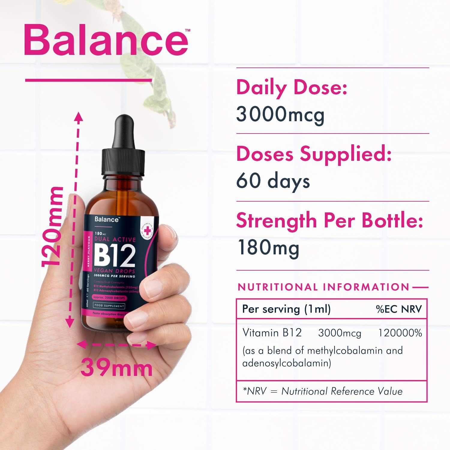 Vitamin B12 Liquid Drops, Vegan, High Strength 3000mcg, 2 Month Supply, 60 Servings, 18,000mcg per 60ml Dropper Bottle - Image 3