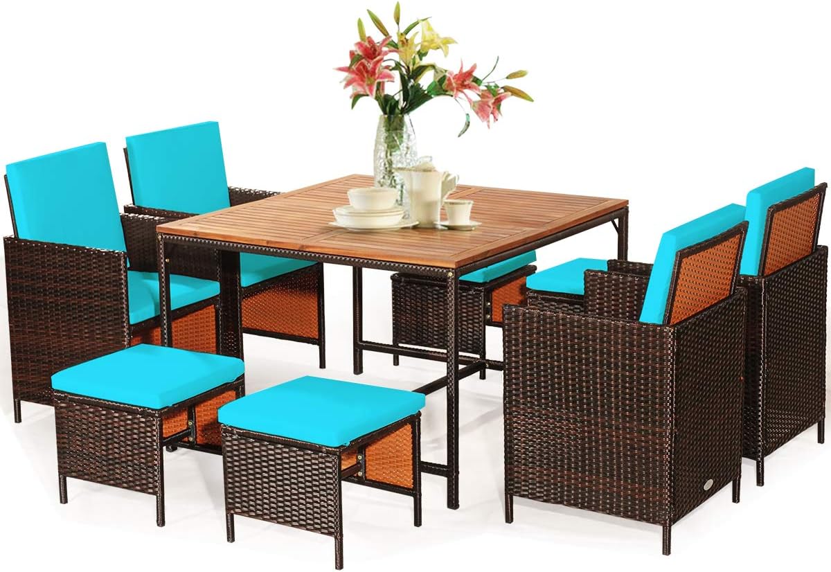 Tangkula 9 Pieces Wood Patio Dining Set, Space Saving Wicker Chairs and Wood Table with Umbrella Hole Outdoor Furniture Set, Suitable for Garden, Yard, Poolside, Outdoor Seating Set(Turquoise)
