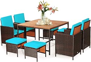 Tangkula 9 Pieces Wood Patio Dining Set, Space Saving Wicker Chairs and Wood Table with Umbrella Hole Outdoor Furniture Set, Suitable for Garden, Yard, Poolside, Outdoor Seating Set(Turquoise)