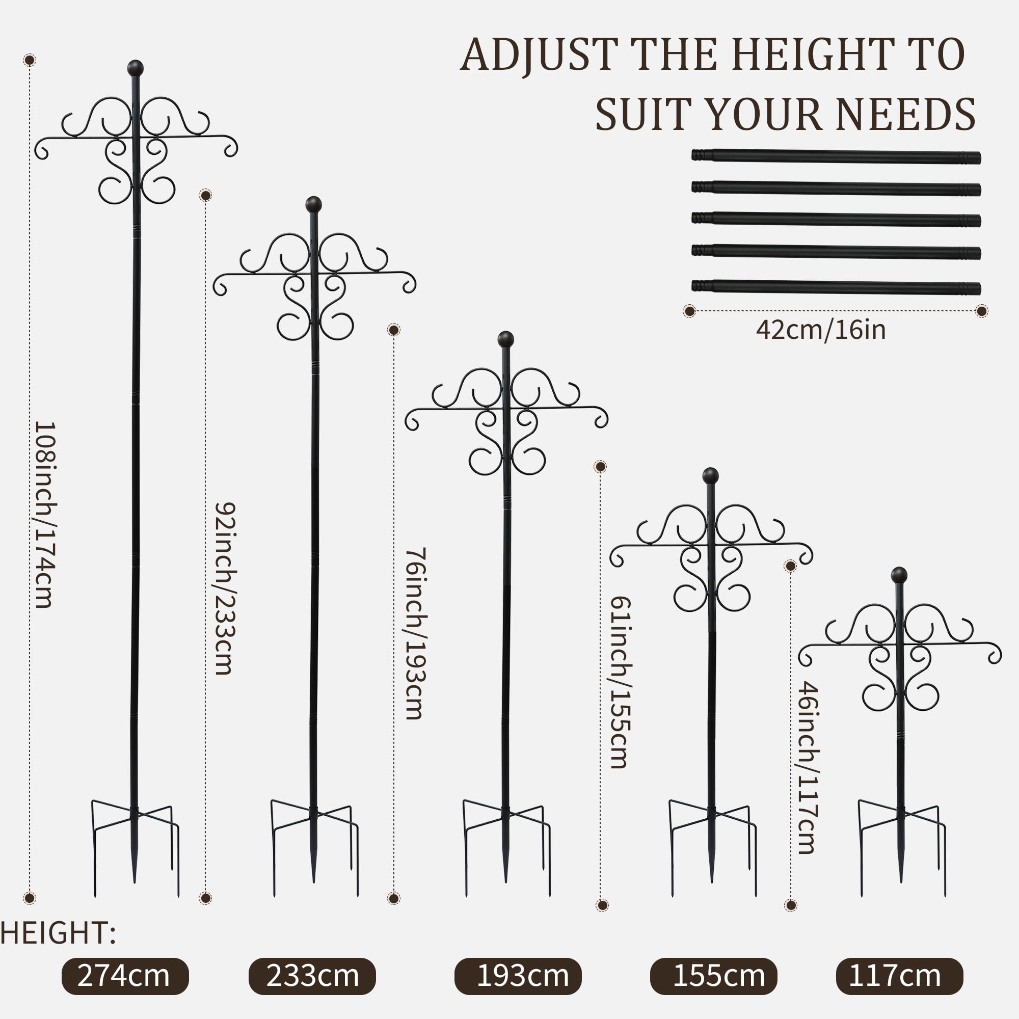 108 Inch 2 Pack Double Shepherds Hooks for Outdoor with 5 Prongs Base, Adjustable Heavy Duty Bird Feeder Poles, Garden Multi Hooks Hanger Stands for Hanging Bird Feeder, Plant Baskets, Solar Lanterns