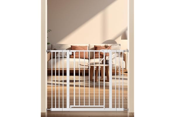 keny 29"-42.5" Baby Gate for Stairs, Auto Close Safety Dog Gate | Pressure Mounted Easy Walk Through Pet Gate for Doorways, Durable Stair Gate, 30" Tall, White