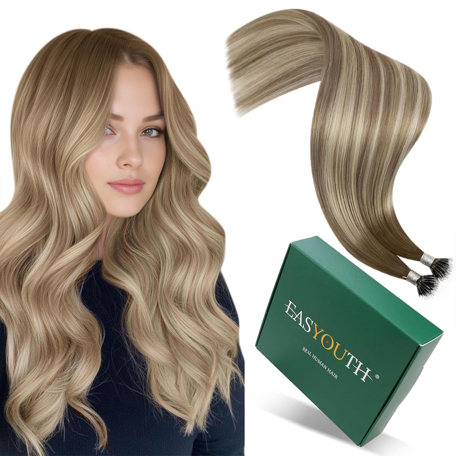 Easyouth Nano Extensions Real Human Hair Balayage Nano Extensions Real Human Hair Dark Brown Ombre to Light Brown Mixed Blonde Nanoloop Straight Extension for Volume 14 Inch 50g/50s #3/8/22 — image 1