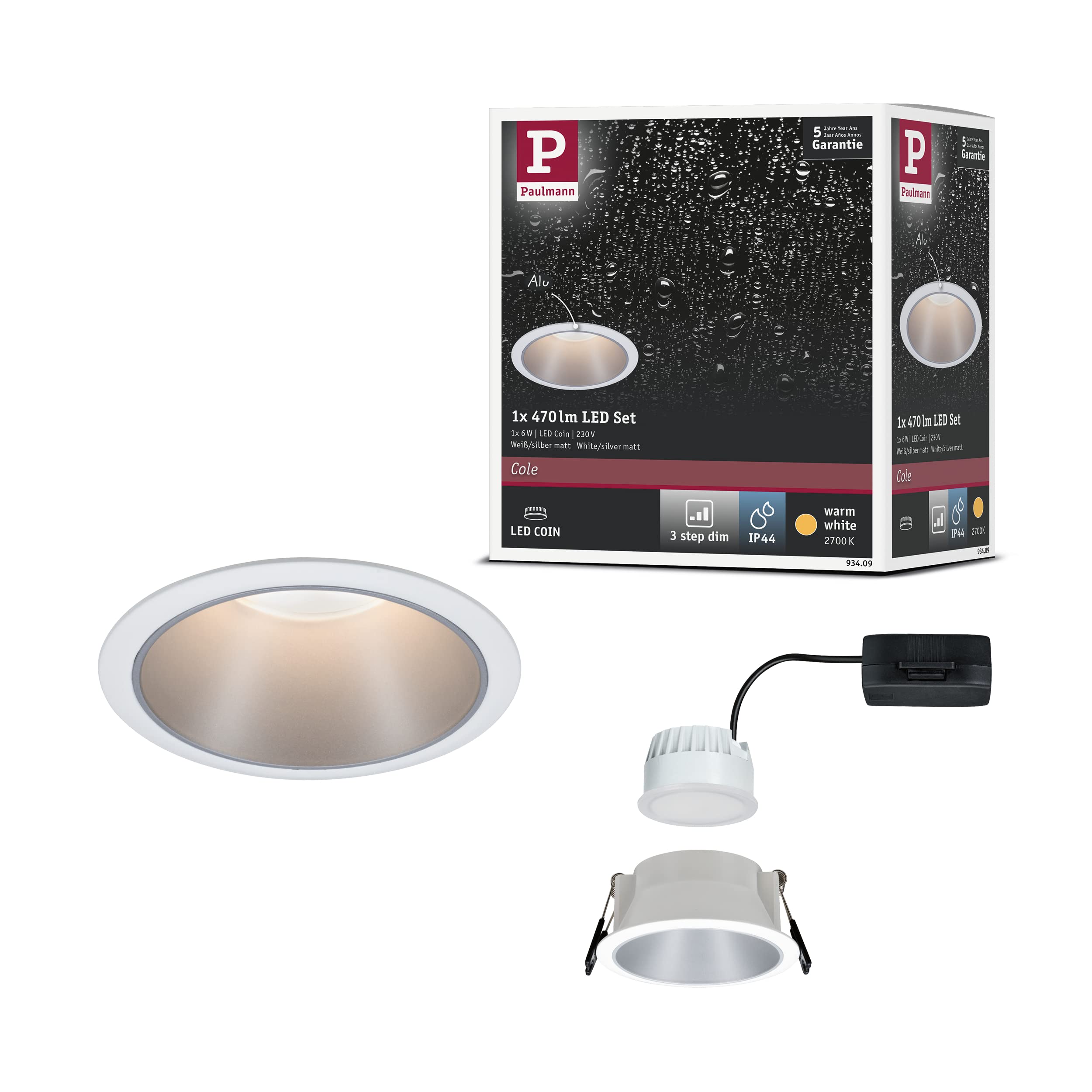 Paulmann 93409 LED Cole recessed luminaire Round incl. 1x6.5 watt dimmable recessed Spotlight White, Silver recessed lamp Plastic, Aluminium zinc Ceiling spot 2700 K [Energy Class G]
