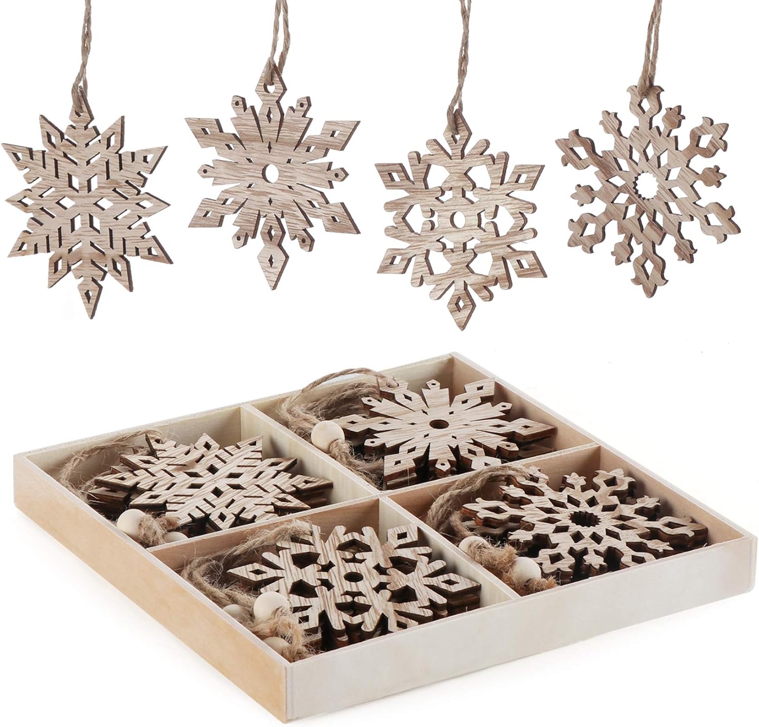 Ornaments - Wooden Snowflakes Christmas Ornaments 16Pcs Tree Hanging Decorations Rustic Wood Crafts