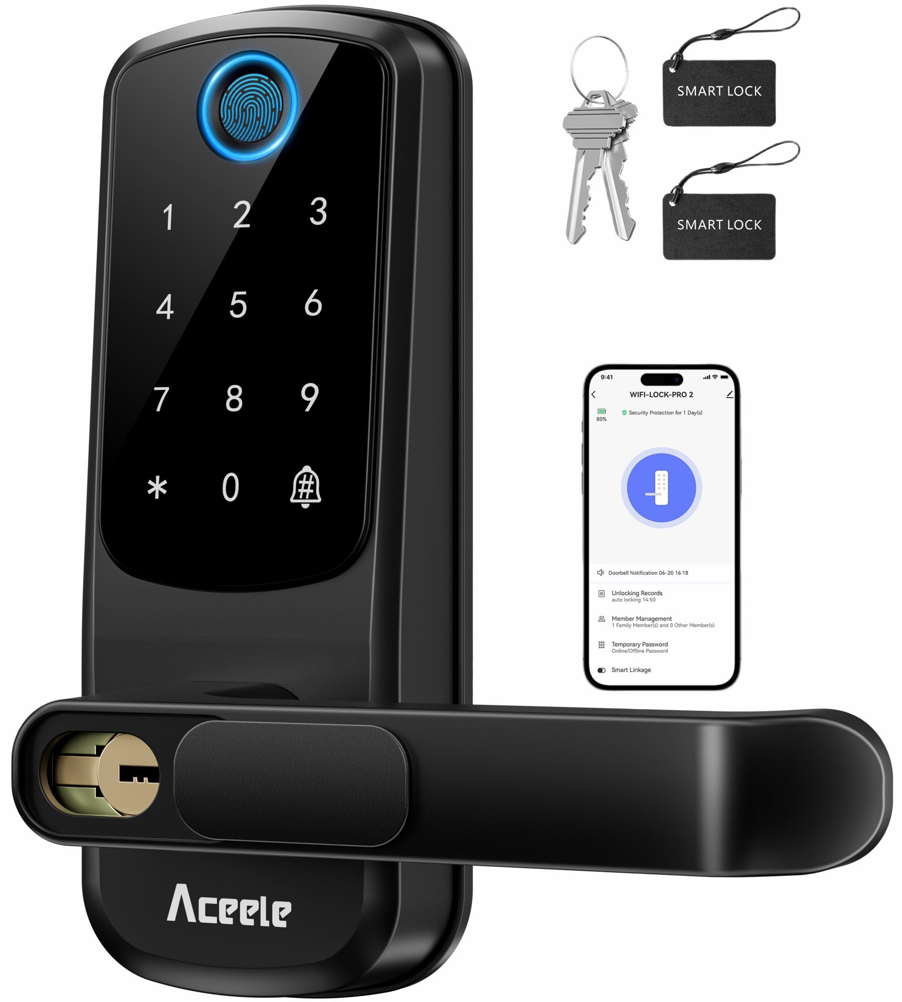 Photo 1 of Aceele Keyless Entry Fingerprint Smart Door Lock, Built-in Wi-Fi, Electronic Lock for Front Door with Touch Digital Keypad and Handle, Automatic Door Knob for Apartment/Home/Bedroom(Black)